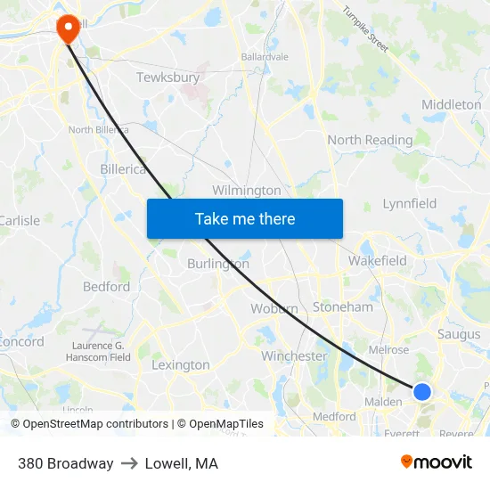 380 Broadway to Lowell, MA map