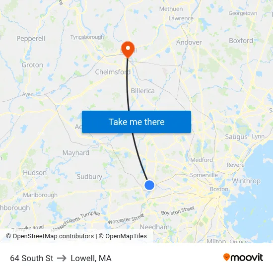 64 South St to Lowell, MA map