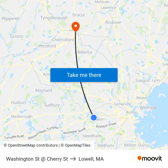 Washington St @ Cherry St to Lowell, MA map
