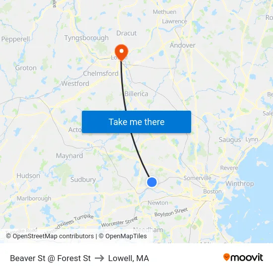 Beaver St @ Forest St to Lowell, MA map