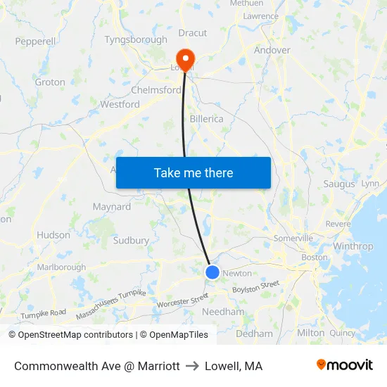 Commonwealth Ave @ Marriott to Lowell, MA map