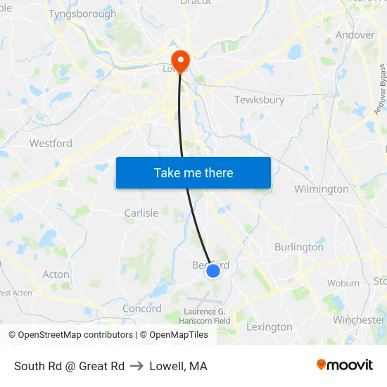 South Rd @ Great Rd to Lowell, MA map