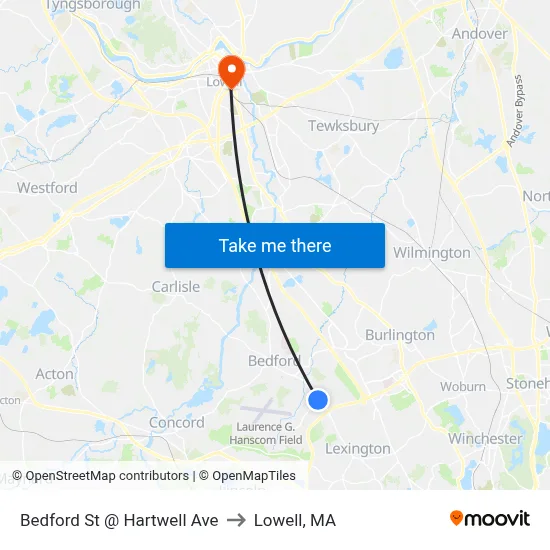 Bedford St @ Hartwell Ave to Lowell, MA map