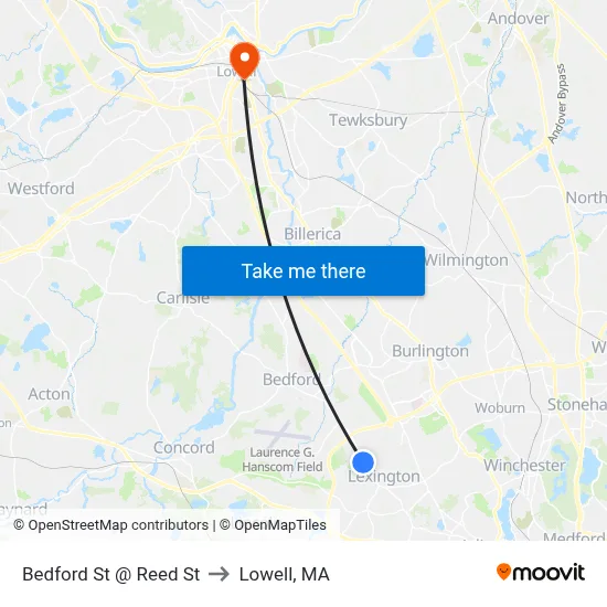 Bedford St @ Reed St to Lowell, MA map