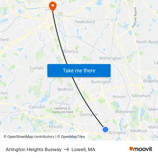 Arlington Heights Busway to Lowell, MA map