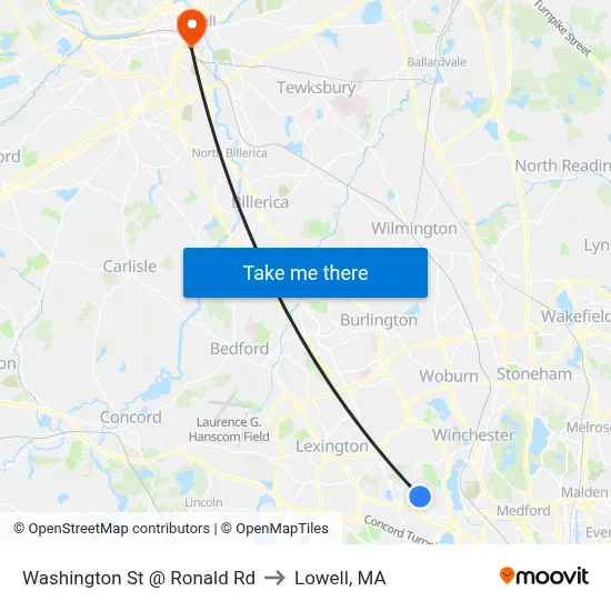 Washington St @ Ronald Rd to Lowell, MA map