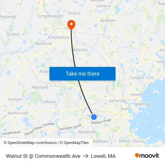 Walnut St @ Commonwealth Ave to Lowell, MA map