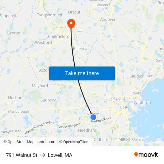 791 Walnut St to Lowell, MA map