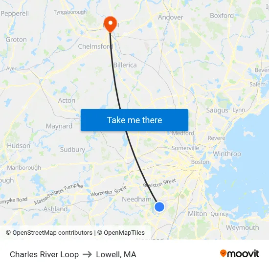 Charles River Loop to Lowell, MA map
