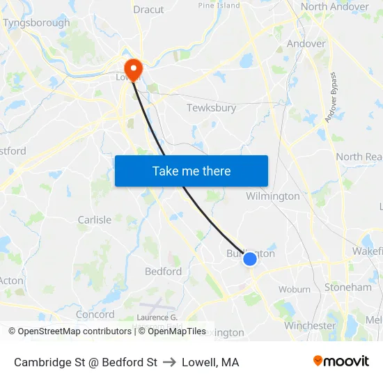 Cambridge St @ Bedford St to Lowell, MA map
