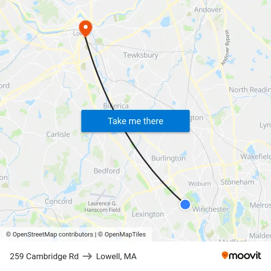 259 Cambridge Rd to Lowell, MA map