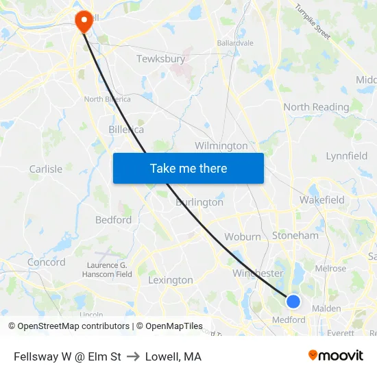 Fellsway W @ Elm St to Lowell, MA map