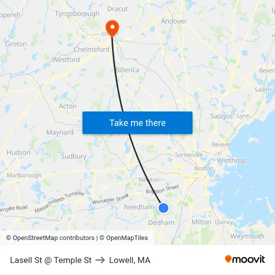 Lasell St @ Temple St to Lowell, MA map