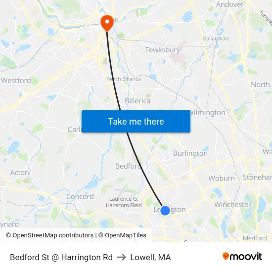 Bedford St @ Harrington Rd to Lowell, MA map