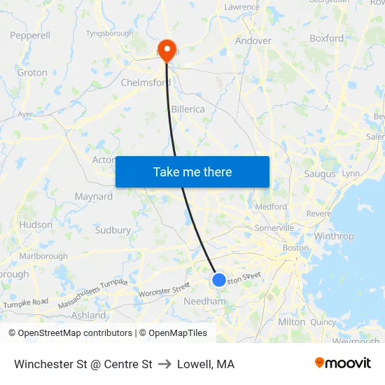 Winchester St @ Centre St to Lowell, MA map