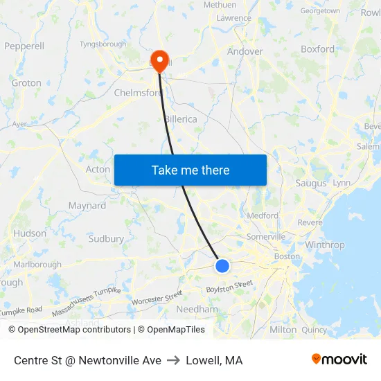 Centre St @ Newtonville Ave to Lowell, MA map