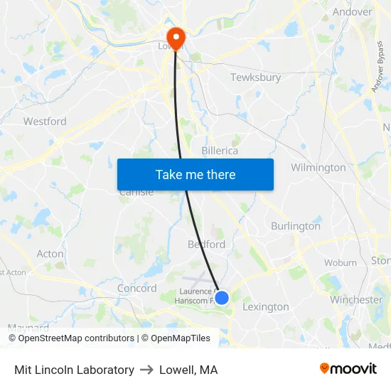 Mit Lincoln Laboratory to Lowell, MA map