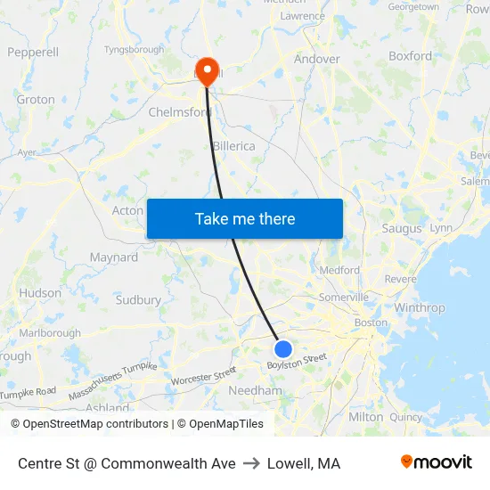 Centre St @ Commonwealth Ave to Lowell, MA map