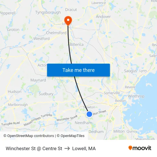 Winchester St @ Centre St to Lowell, MA map