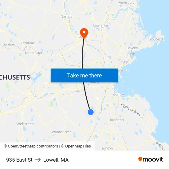 935 East St to Lowell, MA map