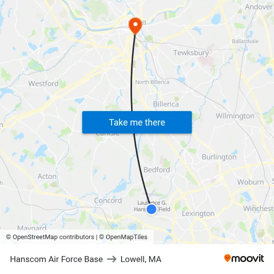Hanscom Air Force Base to Lowell, MA map