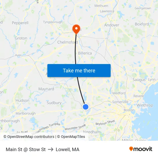 Main St @ Stow St to Lowell, MA map