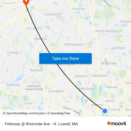 Fellsway @ Riverside Ave to Lowell, MA map