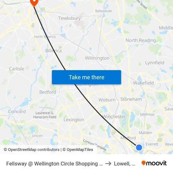 Fellsway @ Wellington Circle Shopping Ctr to Lowell, MA map