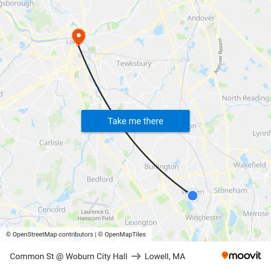 Common St @ Woburn City Hall to Lowell, MA map