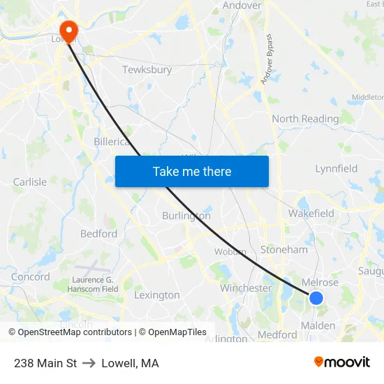 238 Main St to Lowell, MA map
