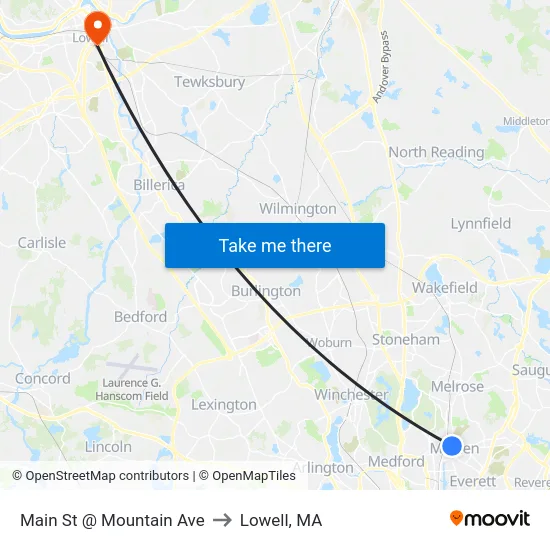 Main St @ Mountain Ave to Lowell, MA map