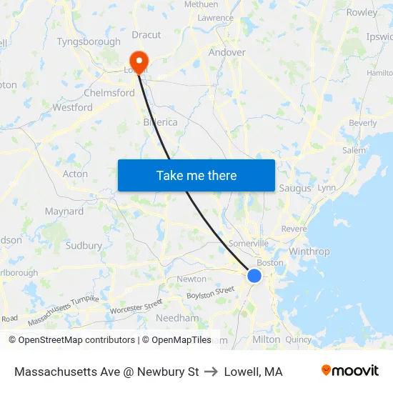 Massachusetts Ave @ Newbury St to Lowell, MA map