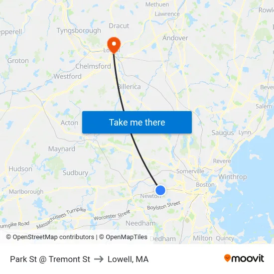 Park St @ Tremont St to Lowell, MA map