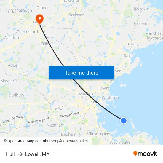 Hull to Lowell, MA map