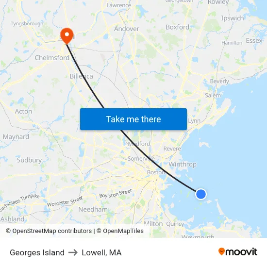 Georges Island to Lowell, MA map