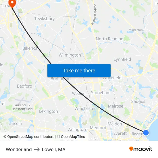 Wonderland to Lowell, MA map