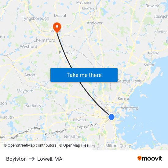 Boylston to Lowell, MA map