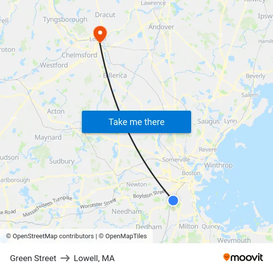 Green Street to Lowell, MA map