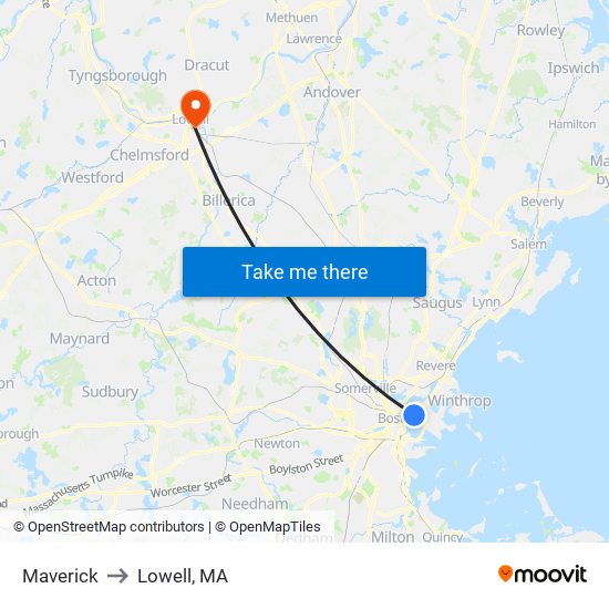 Maverick to Lowell, MA map