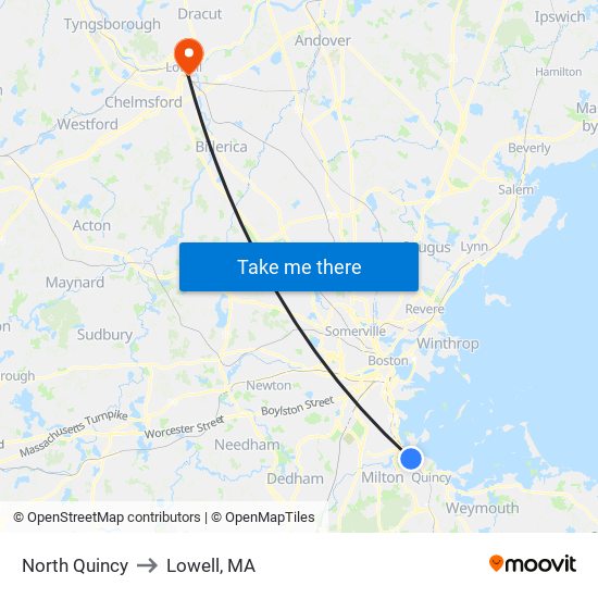 North Quincy to Lowell, MA map