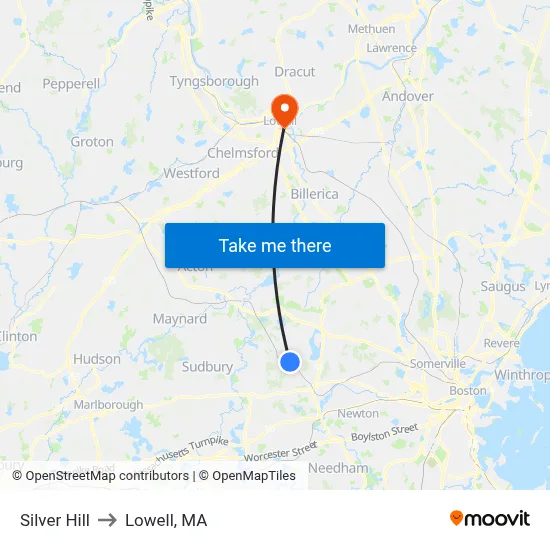 Silver Hill to Lowell, MA map