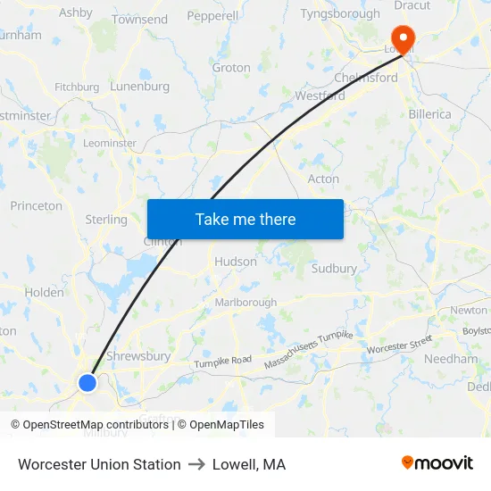 Worcester Union Station to Lowell, MA map