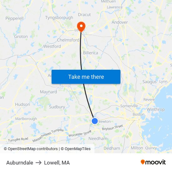 Auburndale to Lowell, MA map