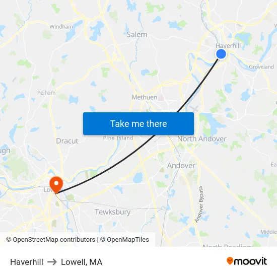Haverhill to Lowell, MA map