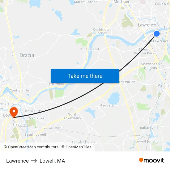 Lawrence to Lowell, MA map