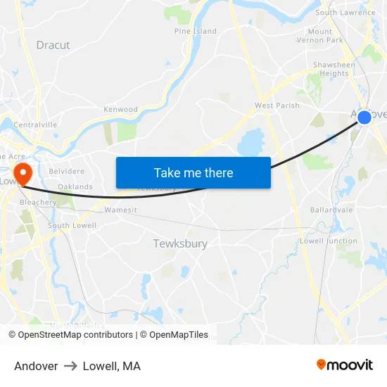 Andover to Lowell, MA map
