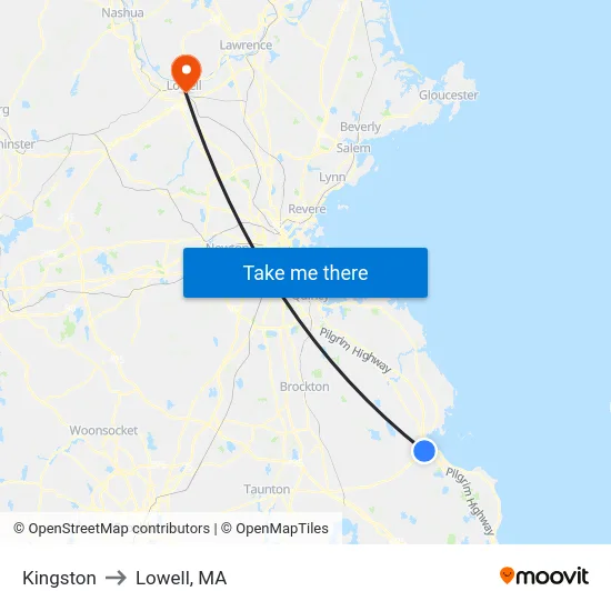 Kingston to Lowell, MA map
