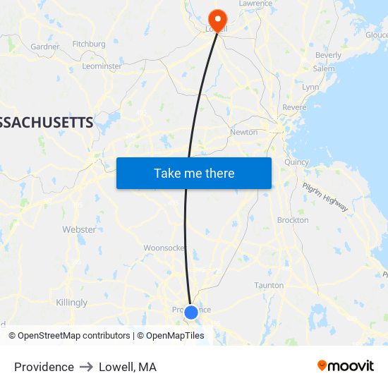 Providence to Lowell, MA map