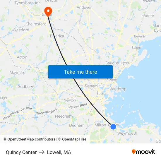 Quincy Center to Lowell, MA map