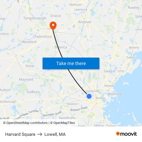 Harvard Square to Lowell, MA map